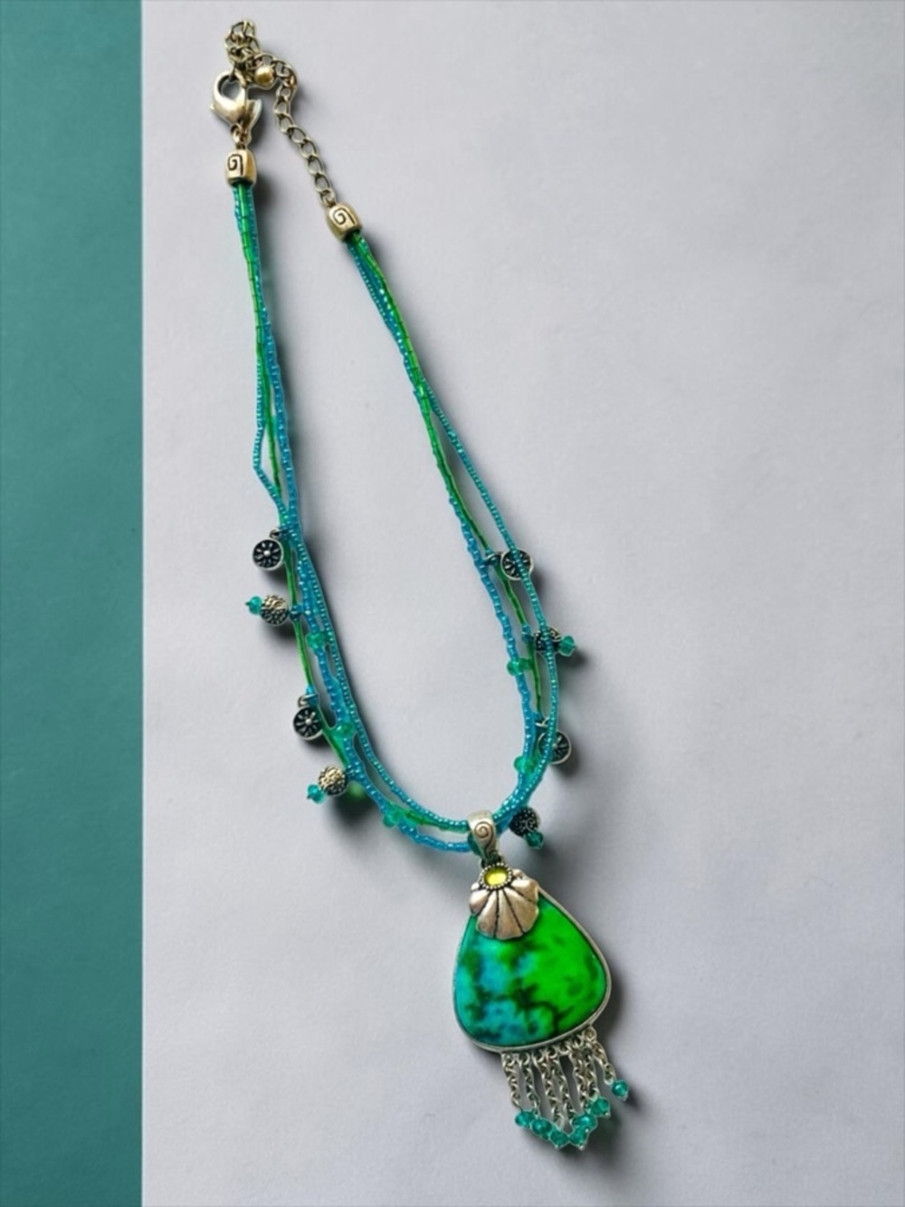 Natural Jadeite Stone Green, Blue, & Silver Beaded Necklace